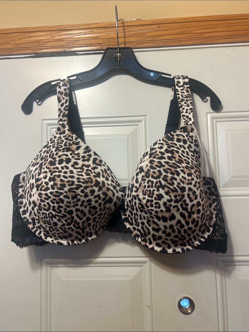 Leopard Print Bra with Lace Band - Black/Beige 44DD NWT